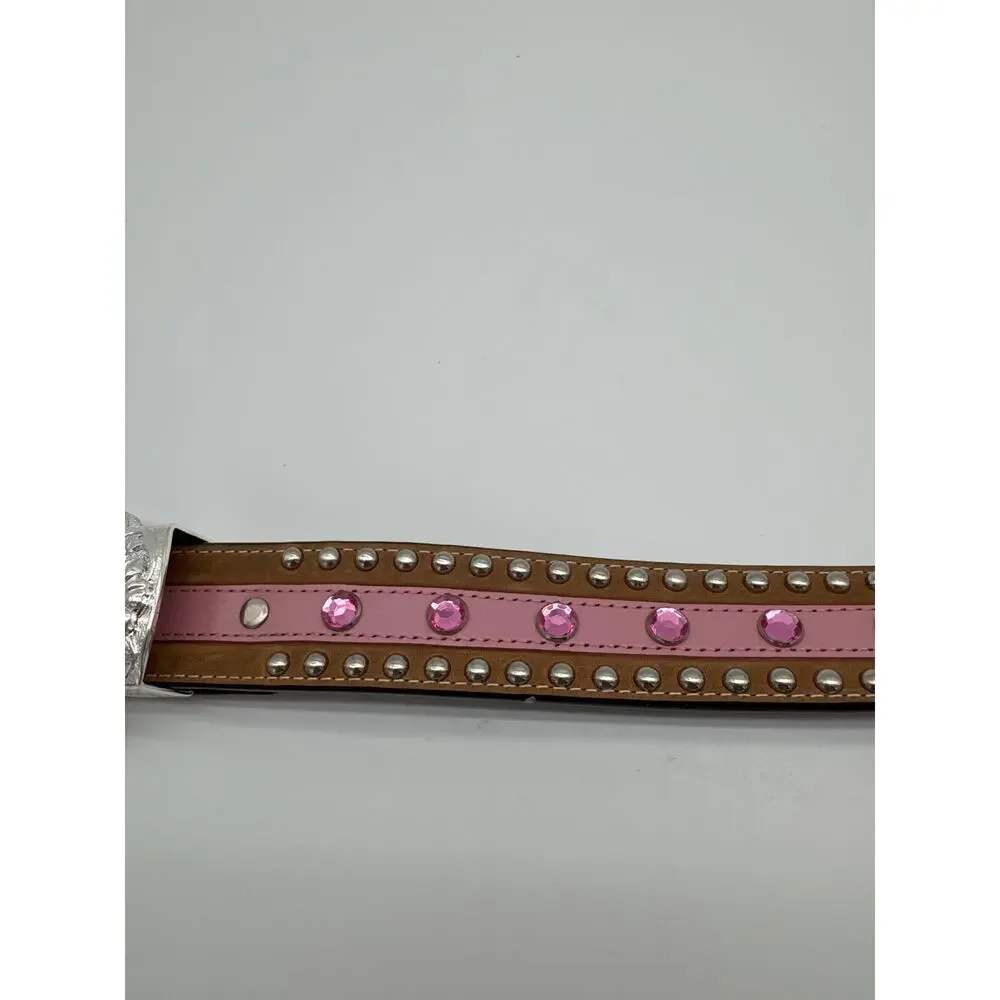 Western brown leather‎ pink rhinestone with silver buckle Sz36